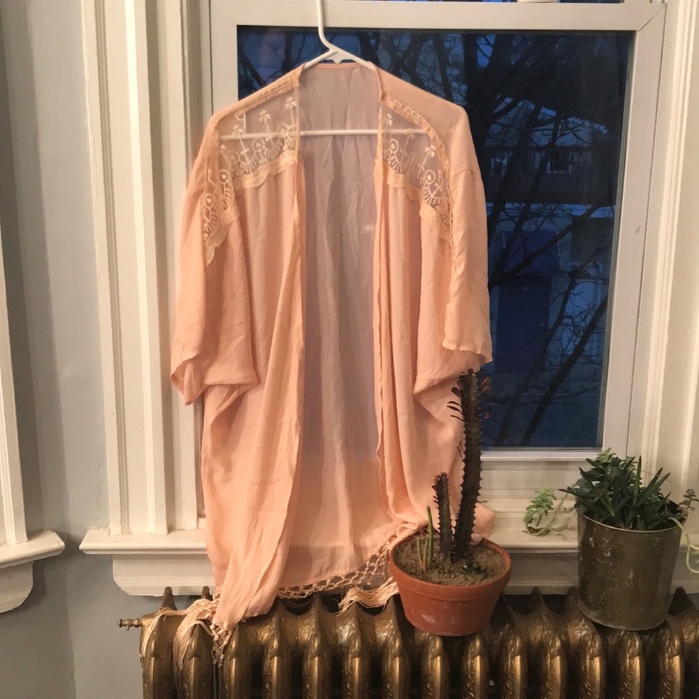 FINAL SALE Pink Kimono With Fringe and Lace